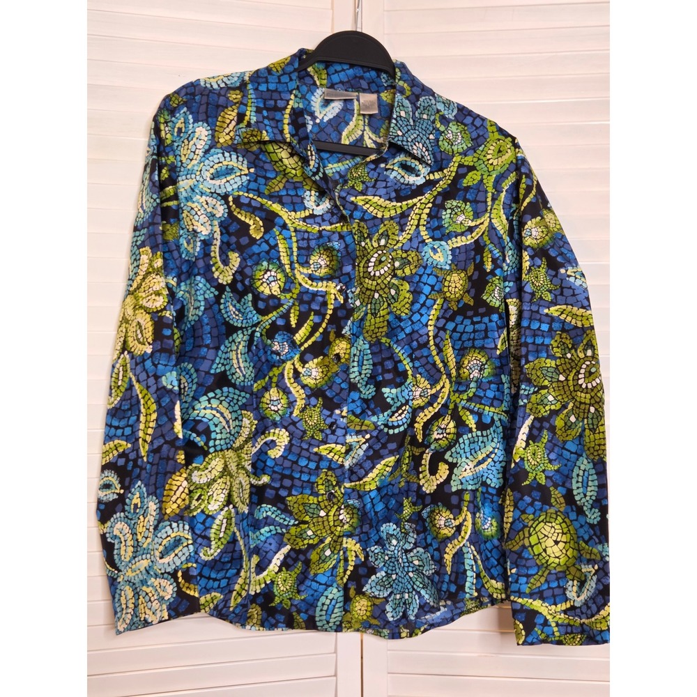 Chico's 100% Silk Mosaic Floral Blouse Size 10 Blue Green Tropical Button Down